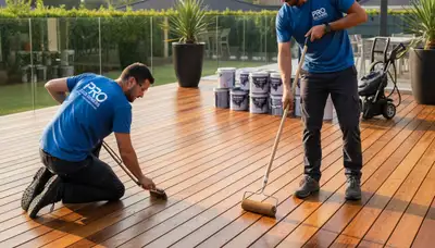 Beverly, MA painters applying deck stain for coastal weather protection